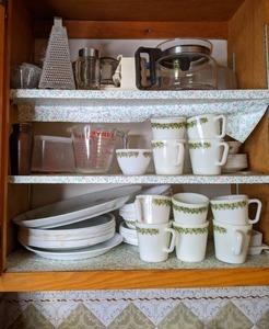 lot 287 image: Three Shelves of Kitchen Supplies and Serving Ware