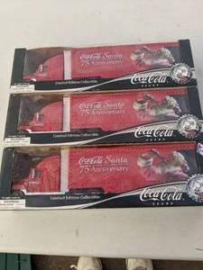 lot 385 image: (3) NIB Coca-Cola 75th Anniversary Santa Semi Truck & Trailer with Lights
