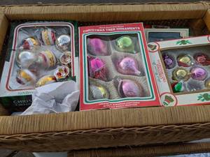 lot 397 image: Wicker Basket Filled with Boxes of Glass Ornaments