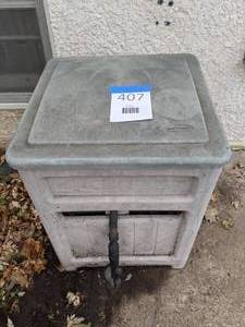 lot 407 image: Covered Hose Reel (w Hose and Garden Tools)