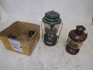 lot 30 image: Vintage Coleman Lantern, Antique Lantern and 2 Kerosene Lamps