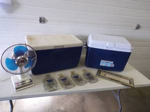 lot 65 image: Pair of Coolers, Fan, Absolute Vodka Cheese Cutting Boards and Dcor