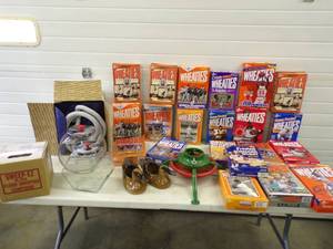 lot 145 image: Wheaties Boxes 2 are full, Cookie Jars, Vintage Christmas Tree stand, Tub Spa, Sweeping Compound, Duck planters