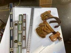 lot 221 image: Leather Tool Belt, (4) Levels & (1) T-Square