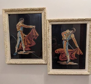 lot 75 image: Pair of Vintage Black Velvet Matador Paintings in Wood Frames