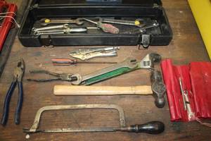 lot 126 image: Plastic Tool Box, Open End Wrenches, Ratchet Wrenches, Hammer, Hack Saw, Crescent Wrench, Pliers, and more