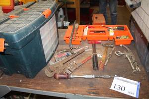 lot 130 image: Plastic Tool Box Organizer with Tool Caddy, Pipe Wrench, Hand Drill, Hammers, Pliers, Screwdrivers, and more