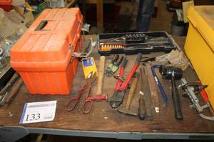 lot 133 image: Plastic Tool Box with Tool Caddy, Drill Bits, Tap Bits, Pliers, Snips, Stud Finder, Hammers, Files, and more