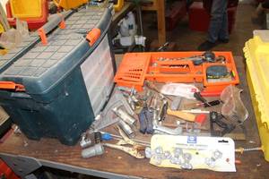 lot 135 image: Plastic Tool Box Organizer with Tool Caddy, Hack Saw Blades, Tape Measure, Line Chalk, Locking Pliers, Universal Side Terminals, Square, Safety Mask, and more