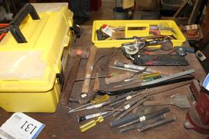 lot 131 image: Master Mechanic Plastic Tool Box with Tool Caddy, Mallets, Hammers, Chisels, Screwdrivers, Dymo-Mite Tapewriter, and more