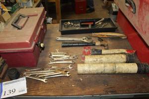 lot 139 image: Plastic Tool Box with Tool Caddy, Wrenches, Hammer, Hatchet, Crescent Wrench, Pliers, Sockets, Tape Measure, and more