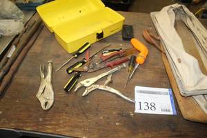 lot 138 image: Master Mechanic Plastic Tool Box, Locking Pliers, Screwdrivers, Snips, and more