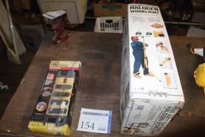 lot 154 image: 1000W Twin Head Halogen Worklight (new in box), Stanley Contractor Grade Pro Strip Power Strip 8-Outlet 10 (new in box)
