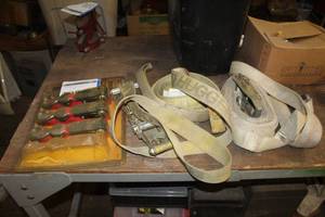 lot 198 image: Lot of (5) Nylon Ratchet Tie-Downs - Heavy Duty  (x2), Regular  (x3)