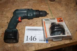 lot 146 image: Black & Decker 9.6VDC Cordless Drill PS320, 9.6VDC Battery, 9.6VDC Replacement Battery (new in package)