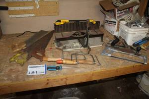 lot 184 image: Miter Box, Hand Saws, Hack Saws, Wood Plane, Misc. Hand Tools