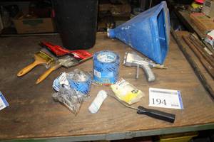 lot 194 image: Marshalltown Texturemate Drywall Hopper Gun,  Hopper, Paint Brushes, Painters Tape, Small Roller, Painting Supplies