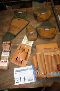lot 214 image: Craftsman Leather Tool Belt, Leather and BucketBoss Nylon Tool Pouches, Leather Work Belt, Accessories