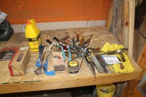 lot 227 image: Hand Tools - Hammers, Channel Lock Pliers, Tape Measure, Pry Bars, Snips, Allen Wrench Set with Pouch, Pliers, Screwdrivers, Misc. Hand Tools