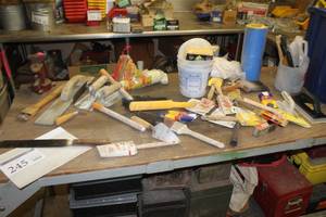 lot 245 image: Paint Supplies - Brushes, Trowels, Rollers, Scrapers, Scotch Long-Mask Masking Tape Rolls, Misc. Painting Supplies