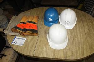 lot 81 image: Safety Equipment - Hard Hats (x3), Kunz Rubber Insulating Electrical Safety Gloves 13 O.A.L. with Pouch (x1 pair)