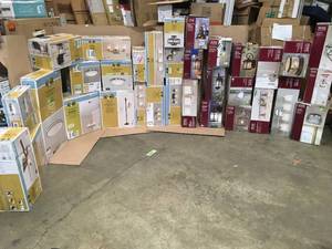 lot 12 image: PALLET WITH ASSORTED LIGHTING LIGHTS HOME DECOR COLLECTION & HAMPTON BAY BRANDS SEE PICS