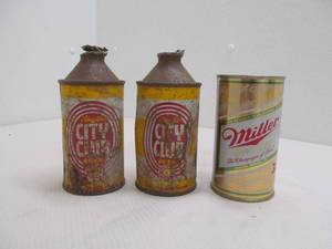 vintage city club beer cans, miller coin bank