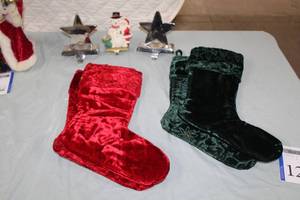 lot 127 image: Lot of (7) Christmas Stockings (x4), Star Stocking Hangers (x2), Santa & Snowman Hanger (x1)