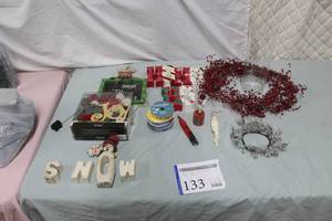 lot 133 image: Lot of (Approximately 11) Christmas Tree Decorations, Table Centerpiece Dcor, Ribbons, Ornaments