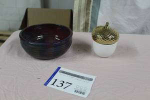 lot 137 image: Lot of (2) Ceramic Bowl (x1),  Candle with Ceramic Candleholder and Decorative Lid (x1)