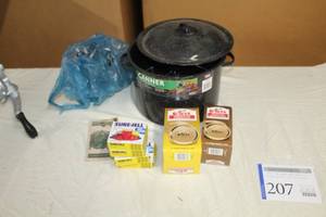 lot 207 image: Canner 11.3-qt. Water Bath Canning System, Kerr Mason Caps (x2 boxes), Sure-Jell (x2 boxes), Instructions, Accessories