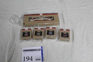 lot 194 image: Lot of (5) Hallmark Hallmark Keepsake Ornament Train Trestle Display Stand, Caboose, Passenger Car, Gift Car, Locomotive