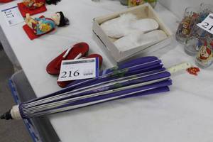lot 216 image: Lot of (3) Oriental Slippers (x2), Purple Oriental Umbrella (x1)