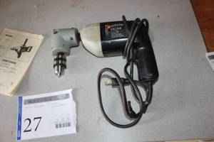 lot 27 image: Black & Decker Drill 38 with Sears 90-degree Angle Drill Head Swivel Attachment 335.26271