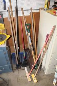 lot 65 image: Lot of (17) Yard Tools - Rakes, Shovels, Pitch Forks, Scrub Brooms, Yard Tools
