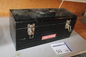 lot 50 image: Craftsman Metal Tool Box with Tool Tray, Snips, Hammer, Sockets, Ratchets, Wrenches, Misc. Hand Tools