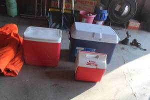 lot 97 image: Lot of (3) Igloo Little Playmate, Igloo Chest Cooler, Rubbermaid 48-qt. Ice Chest