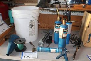 lot 129 image: Propane Torches, Caulk Guns, Funnels, Soldering Iron