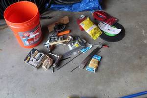 lot 130 image: Square, Staple Gun, 12 Masonry Blades, Hand Auger, Pry Bar, Fish Tape, Misc. Hand Tools