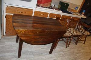 lot 164 image: Wood Dining Set - Wood Dining Table with Fold-Down Sides, Wood Dining Chairs with Seat Pads (x3)