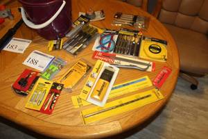 lot 188 image: Stanley 100 Tape Measure, Drill Bits, Saw Blades, Levels, Torx Drivers, Chisels, Pry Bar, Hole Saw Bit, Nail Set, Wood Bit Set