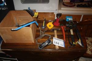 lot 184 image: Wood Planar, Hammer, Pipe Wrench, Clamp, Pry Bars, Hammers, Chisels, Snippers, Splitting Wedge, Misc. Hand Tools