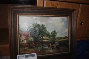 lot 208 image: Horse Cart On River Matted Wood Framed Art