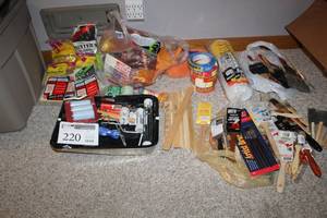 lot 220 image: Brushes, Drop Cloths, Paint Trays, Rollers, Tape, Stir Sticks, Painting Supplies