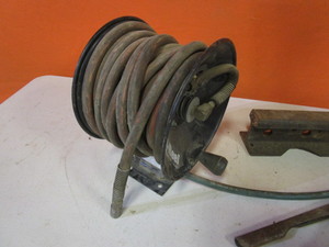 lot 99 image: Air Hose Reel, Grease Guns, RR Iron