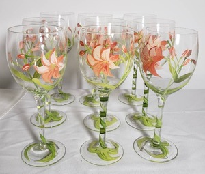 Peach Lily Hand Painted Wine Glasses Stemware