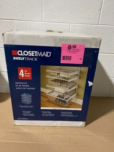 lot 12 image: CLOSETMAID 17 IN. D X 21 IN. W X 27 IN. H SHELFTRACK 4-DRAWER KIT STEEL CLOSET SYSTEM IN WHITE NOT USED SEE PICS