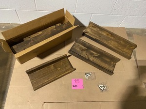 lot 35 image: DEL HUTSON DESIGNS RUSTIC LUXE 7 IN. DEPTH DARK WALNUT PINE WOOD FLOATING DECORATIVE WALL SHELF SET NOT USED SEE PICS