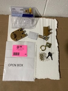 lot 45 image: FIRST WATCH SECURITY POLISHED BRASS SINGLE CYLINDER INTERLOCKING DOOR DEADBOLT OPEN BOX NOT USED COMPLETE SEE PICS