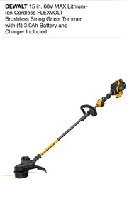 lot 75 image: DEWALT 15 in. 60V MAX Lithium-Ion Cordless FLEXVOLT Brushless String Grass Trimmer with (1) 3.0Ah Battery and Charger Included SEE PICS